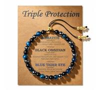 QINJIEJIE Healing Crystal Bracelet Triple Protection & Good Luck Bracelet 6mm Adjustable Bracelets Black Hematite & Obsidian & Blue Tigers Eye Crystals Bracelets Spiritual Birthday Gifts Women