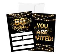 Qinkel 80th Birthday Invitations, Birthday Party Invitations For Women Men, 80 Year Old Birthday Invites, Black Gold Birthday Party Decorations Favors, 20 Invitations with 20 Envelopes - C02