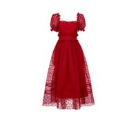 QINKO Vintage Elegant Design Lace Dresses Puff Sleeve Party Birthday Midi Long Dress Summer Lace Red Vestidos Robe,1,L
