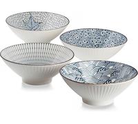 QINLANG 38 oz Japanese Ramen Bowls, Ceramic Set of 4 for Cereal, Soup, Pho, Noodles - Blue and White, 8 Inches, Multicolor