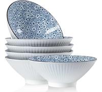 QINLANG 38 oz Japanese Ramen Bowls Set of 6, Pho Bowls, 8 Inches Blue and White Ceramic Soup Bowls, Floral Pattern