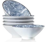 QINLANG 38 oz Japanese Ramen Bowls Set of 6, Pho Bowls, 8 Inches Blue and White Ceramic Soup Bowls, Wave Pattern