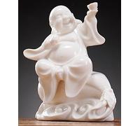 QINLANG Small Ceramic White Laughing Buddha Statue for Good Luck, Happy Buddha Statue Sitting on Money Bag for Good Luck and Prosperity