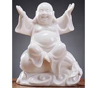 QINLANG Small Ceramic White Laughing Buddha Statue for Good Luck, Lucky Happy Buddha Statue Sitting on Money Bag for Good Luck and Prosperity
