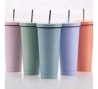 QINONEY Stainless Steel Travel Mug with Straw and Lid, 750ml/25oz Travel Tumbler, Double Wall Vacuum Insulated Cup for Ice Cold or Warm Drinking, Reusable Coffee Mug Travel Mug (Light Blue)