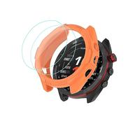QINOUK Case for Garmin Approach S70 47mm, [Anti-drop] Soft TPU Partial Protection Case, [2-Pack] Protective film, Bumper Cover Compatible with Garmin Approach S70-Orange