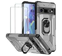 QINOUK Case for Google Pixel 6 Pro,[Shockproof][Support Magnetic Car Mount]360° Rotatable Ring Stand Phone Case with [2-Pack] Tempered Glass Screen Protector Compatible with Google Pixel 6 Pro-Black