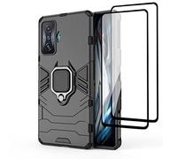 QINOUK Case for Xiaomi Redmi K50 Gaming,Soft TPU & Hard PC Built-in Kickstand Ring Case with [2-Pack] Full Screen Tempered Film,Support Magnetic Car Mount,for Xiaomi Redmi K50 Gaming-Black