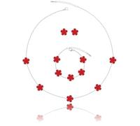 Qinpan Five Leaf Clover Necklace Bracelet and Stud Set for Women Lucky Flower Gold Plated Jewelry, 13*13mm, Yellow Gold, Chalcedony