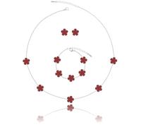 Qinpan Five Leaf Clover Necklace Bracelet and Stud Set for Women Lucky Flower Gold Plated Jewelry, 13*13mm, Yellow Gold, Chalcedony