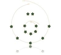 Qinpan Five Leaf Clover Necklace Bracelet and Stud Set for Women Lucky Flower Gold Plated Jewelry, 13*13mm, Plastic, Chalcedony