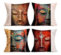 Qinqingo 4Packs Retro Buddha and Mandala Pattern Throw Pillow Case Cotton Linen Cushion Cover 18 X 18 Inches for Home Sofa Bed Chair Auto Seat Decoration (Buddha and Mandala)