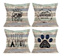 Qinqingo Happy Camper Camping Pillow Covers Rustic Wood Home Outdoor Decorative Cotton Linen Adventure Awaits Inspirational Words Throw Pillow Case Cushion Cover 18" x 18" Set of 4 (Happy Camper)
