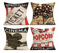 Qinqingo Movie Theater Throw Pillow Covers Vintage Cinema Poster Design Fresh Popcorn Projector Print Cushion Cover Cotton Linen Home Decorative Pillowcases 18 X 18 Inch, 4 Pack (Movie Series)