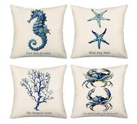 Qinqingo Ocean Nautical Theme Set of 4 Cotton Linen Marine Life Blue Seahorse Crab Coral Starfish Throw Pillow Cases Couch Sofa Home Decorative Cushion Cover 18"x18" (GQ002)