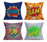 Qinqingo Super Hero Quote Pillow Covers 18" x 18" Set of 4 Pow/Bam/Splash/Zap with Exclamation Pattern Art Comic Design Decorative Throw Pillow Covers Cushion Case for Sofa Couch