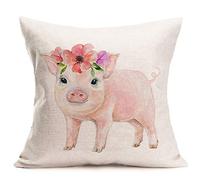 Qinqingo Throw Pillow Covers Cute Piggy Animal with Flower Decorative Pillow Cases Cotton Linen Cushion Cover Gift for Kids Boys Girls 18 x 18 Inch