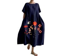 QINQNC Linen Dresses for Women UK Plus Size Vintage Japanese Art Dress for Women 2024 Boho Floral Print Oversized Crewneck Linen Casua Summer Dresses Jamaican Dresses for Women Lace (Dark Blue, M)