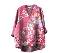 QINQNC Linen Shirt Lace Camisole Tops for Women UK Japanese Traditional Geometric Pattern Printed Women's Casual Cotton and Linen V Neck Shirt Work Tshirt Matching Sets Women Clothing (Pink, S)
