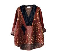 QINQNC Linen Shirt Lace Camisole Tops for Women UK Japanese Traditional Geometric Pattern Printed Women's Casual Cotton and Linen V Neck Shirt Work Tshirt Matching Sets Women Clothing (Red, S)