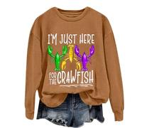 QINQNC Long Hoodies For Women Uk Plus Size Toasty Blanket I'm Just Here For The Crawfish Women's Monogram Lobster Print Crew Neck Long Sleeve Top Hoodie Dressing Gown Long Blanket Hoodie (Brown, XXXL)