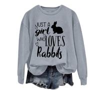QINQNC Wearable Blanket Comfortable Wearable Blankets Just A Girl Who Loves Rabbits Women's Lettered Rabbit Print Crew Neck Long Sleeve Top Womens Warm Basic Sweatshirt With Pockets (Grey, M)