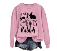QINQNC Wearable Blanket Comfortable Wearable Blankets Just A Girl Who Loves Rabbits Women's Lettered Rabbit Print Crew Neck Long Sleeve Top Womens Warm Basic Sweatshirt With Pockets (Pink, S)