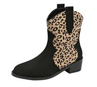 QINQNC Women Cowgirl Boots,Ladies Ankle Booties Wide Mid Calf Leopard Pointed Toe Western Boots Short Chunky Classic Short Boot