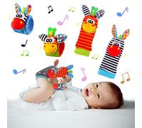 QINREN 4 Pcs Baby Wrist Rattles Socks Toys, Newborn Wristband Rattles & Foot Finder Baby Toy with Sensory Stimulation, Soft Animal Bell Strap Development Gift for 0-9 Month Infant Toddlers Boy Girl