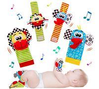 QINREN Baby Foot Finder Socks & Wrist Rattles Toys, Baby Rattle Socks Wrist Strap Rattles Set, Soft Animal Rattle Development Toy Baby Sensory Toys for Babies 0-6 Months Newborn Gift