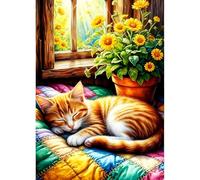 QINRUBB DIY Cat Diamond Painting Pictures Beginners, 5D Sleeping Kitten Diamond Painting Adults, Round Full Drill Wildflowers Window Diamond Art Kits Cross Stitch Home Wall Decor 30 x 40 cm