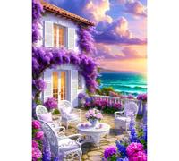 QINRUBB DIY Courtyard on the Coast Diamond Painting Pictures Beginners, 5D Garden Diamond Painting Adults, Round Full Drill Colourful Flowers Diamond Art Kits Cross Stitch Home Wall Decor 30 x 40 cm