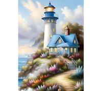QINRUBB DIY Lighthouse Hut Diamond Art Kit for Adults Beginners, Full Drill Seaside Path Diamond Painting Kits, 5D Landscape Painting by Numbers DIY Craft Kits for Home Wall Decor 12x16 inch