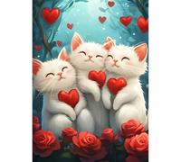 QINRUBB DIY White Cat Diamond Art Kit for Adults Beginners, Full Drill Rose Flowers Diamond Painting Kits, 5D Love Heart Painting by Numbers DIY Craft Kits for Home Wall Decor 12x16 inch