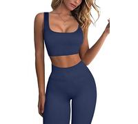 QINSEN Ribbed Workout Outfits for Women 2 Piece Seamless Sport Bra High Waist Yoga Leggings Sets, Navy, Medium