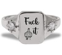 QINSHUI Fuck It Square Ring, Fuck It Dainty Bar Ring, Personalized Vertical middle finger with Cubic Zirconia, Middle Finger Tail Band Ring Gifts for Women (Silver,6)