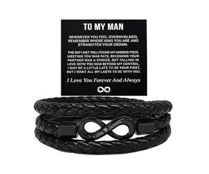 QINSHUI To My Man Dual Name Infinity Bracelet, Personalized Custom Name Leather Bracelet for Men, Customized Stainless Steel Couples Bracelets for Men, Valentine Birthday Christmas Gifts for Him