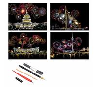 QINXUANGE 4PCS Scratch Art Scratch(21×29cm) Paper City Fireworks Rainbow Painting Sketch,Splendid Fireworks Series,Scratch Painting Creative Gift,Scratch Art for Adult and Kids with 5 Tools