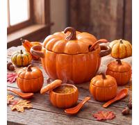 Qinyoung 10 Pcs Thanksgiving Ceramic Pumpkin Tableware Set, 3L Pumpkin Soup Pot Tureen Dutch Oven, 12oz Bowls with Lid, Soup Ladle Spoons for Fall Thanksgiving Party Kitchen Dining Decoration (Orange)