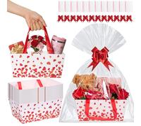 Qinyoung 12 Pcs Valentine Basket for Gifts Empty 9.8 x 6.5'' Red Heart Gift Basket Empty to Fill with Handles, Bows, Plastic Bags and Twist Ties for Valentine Party Favor Supplies
