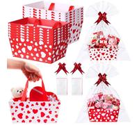 Qinyoung 12 Pcs Valentine Basket for Gifts Empty 9.8 x 6.5'' Red White Heart Gift Basket Empty to Fill with Handles, Bows, Plastic Bags and Twist Ties for Valentine Party Favor Supplies