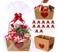Qinyoung 12 Pcs Valentine Kraft Basket for Gifts Empty 9.8 x 6.5'' Red Heart Gift Basket Empty to Fill with Handles, Bows, Plastic Bags and Twist Ties for Valentine Party Favor Supplies