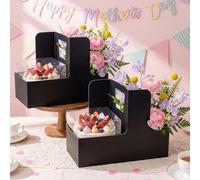 Qinyoung 12 Sets Mother's Day Flower Gift Box Cake Flower Gift Boxes with 12 Pcs Transparent PVC Cake Boxes Mother's Day Box for Teacher,Mom Wedding, Birthday Party(Black,Classic,Blank)