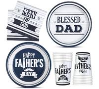 Qinyoung 122 Pcs Father's Day Party Supplies Tableware Set for 24 Guest Includes 24 Dinner Plates 9", 24 Plates 7", 24 Cups and 50 Napkin Blue and White Paper Plates Father Plate Bulk for Father Party