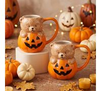 Qinyoung 2 Pcs Halloween Pumpkin Bear Coffee Mug, 10oz, Ceramic Gift | 3D Cute Fall Cup, Novelty Drinkware, Hot Chocolate Cocoa Milk Tea, Coffee Lover Trick or Treat Thanksgiving Party Decoration