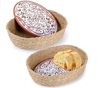Qinyoung 2 Sets Bread Warmer Basket with Stone Terracotta Bread Warming Set Bread Basket with Warming Stone for Serving Tortilla Sourdough Bakers Gift House Warming Gifts New Home Christmas Birthday