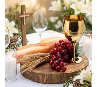 Qinyoung First Communion Table Centerpieces Baptism Decoration Sets Gold Wine Chalice Goblet Lifelike Grapes, Bread, Wheat Religious Holy Communion Table Decor for Christening Church Home Party Favors