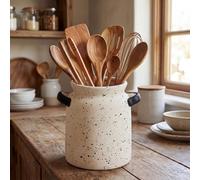 Qinyoung Rustic Kitchen Utensil Holder 6 Inch Small Ceramic Utensil Holder with Handle Vintage Crock Decoration Spatula Organizer for Kitchen Countertop Farmhouse Party Supplies(Beige,Speckled)