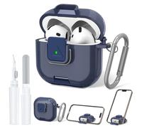 QINZAC Secure Lock Case for AirPods 4 Case with Phone Stand, Soft TPU Shockproof Protective Cover for Airpods 4th Generation Clear Airpod 4 Case with Cleaning Pen & Keychain (Dark Blue)