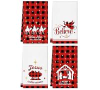 QIONG MENG Jesus Christmas Decorations Kitchen Towels Holy Night Nativity Buffalo Plaid Dish Towels 18x26 Inch Seasonal Winter Xmas Holiday Hand Towels Home Kitchen Decoration Set of 4